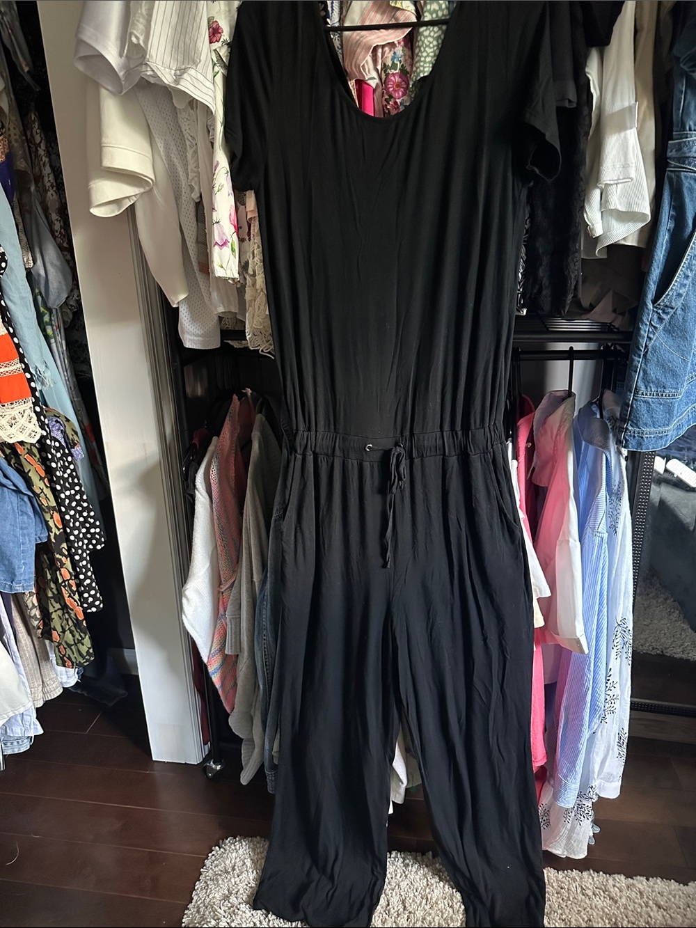 Women's Black Short-Sleeve Jumpsuit with Drawstring Waist